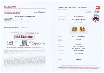 Certificate Pair of natural golden color zircons in octagon cut 23.87 carats, Combodia