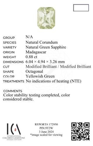 Saphir taille radiant vert clair non chauffé 0,88 carats, Madagascar Image №6