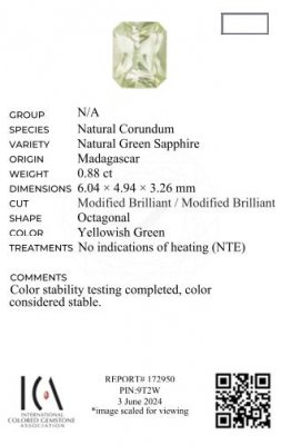 Certificate Saphir taille radiant vert clair non chauffé 0,88 carats, Madagascar