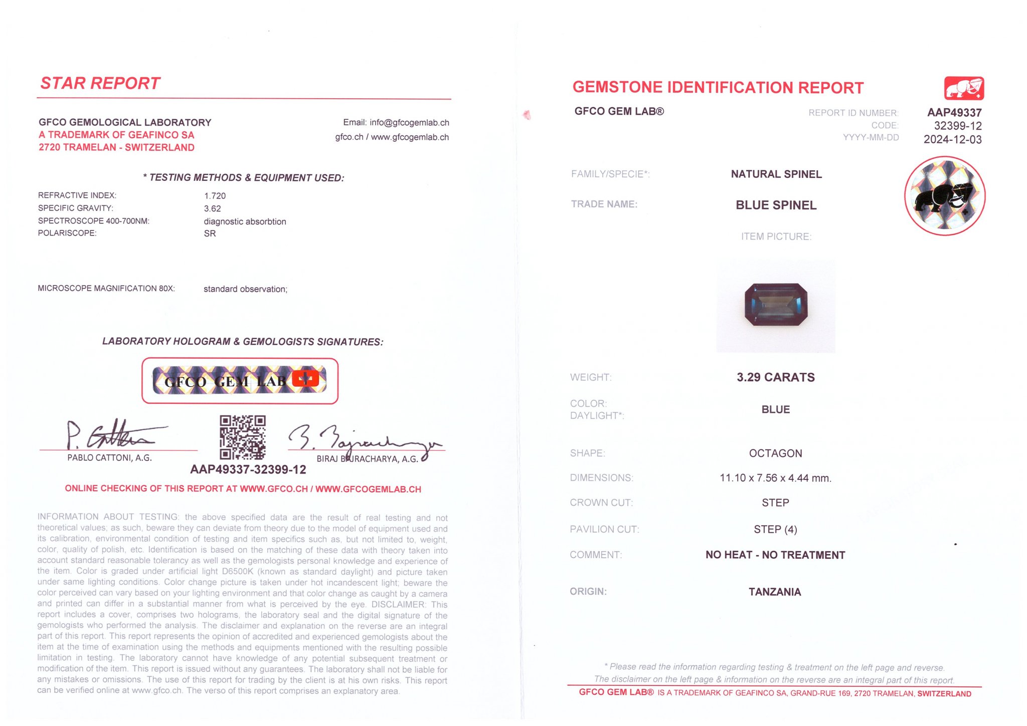 Espinela azul talla octogonal de 3,29 quilates, Tanzania Image №6