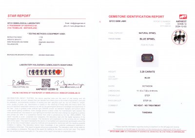 Certificate Espinela azul talla octogonal de 3,29 quilates, Tanzania