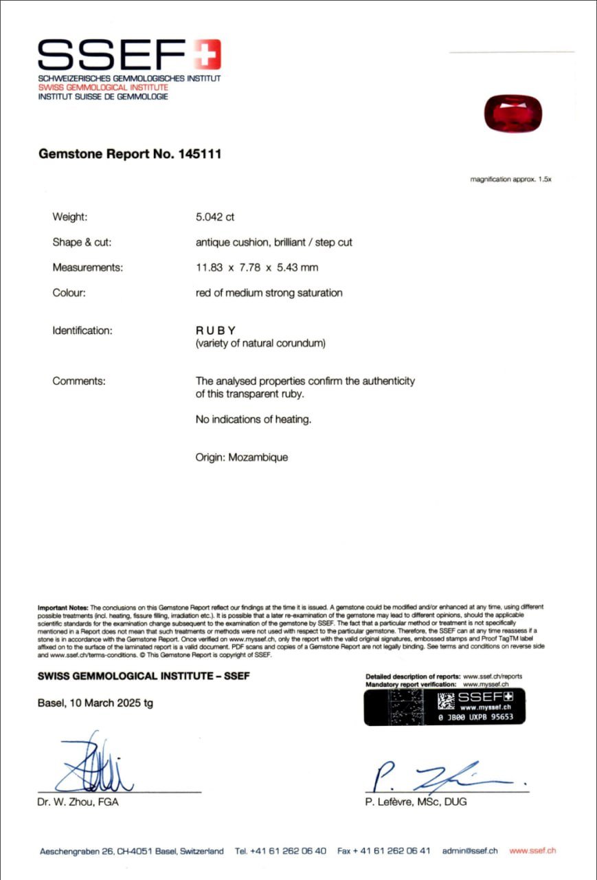 Investment grade Pigeon's Blood red ruby in cushion cut 5.04 carats, Mozambique (SSEF, GRS) Image №7