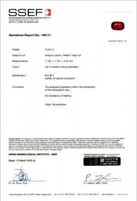 Certificate Investment grade Pigeon's Blood red ruby in cushion cut 5.04 carats, Mozambique (SSEF, GRS)