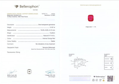 Certificate Un spinelle Mahenge de Tanzanie, de 5,11 carats, taille coussin  riche rouge orangé.