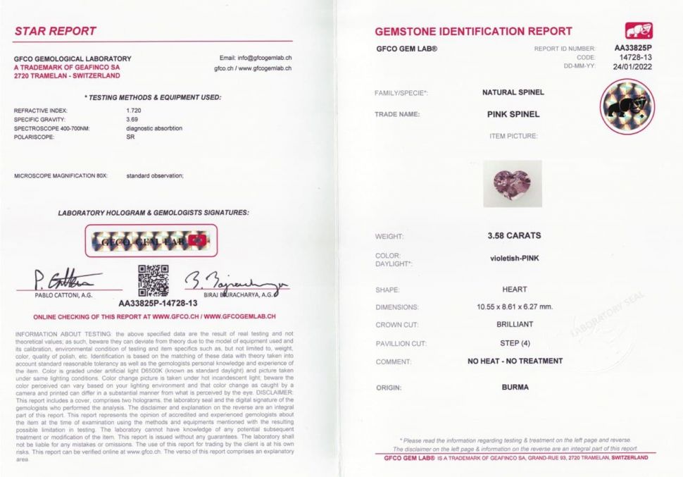 Certificate Burmese pink spinel in heart shape 3.58 ct