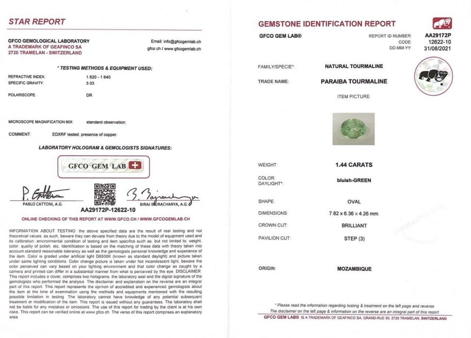 Certificate Blueish green tourmaline Paraiba oval cut 1.44, Mozambique