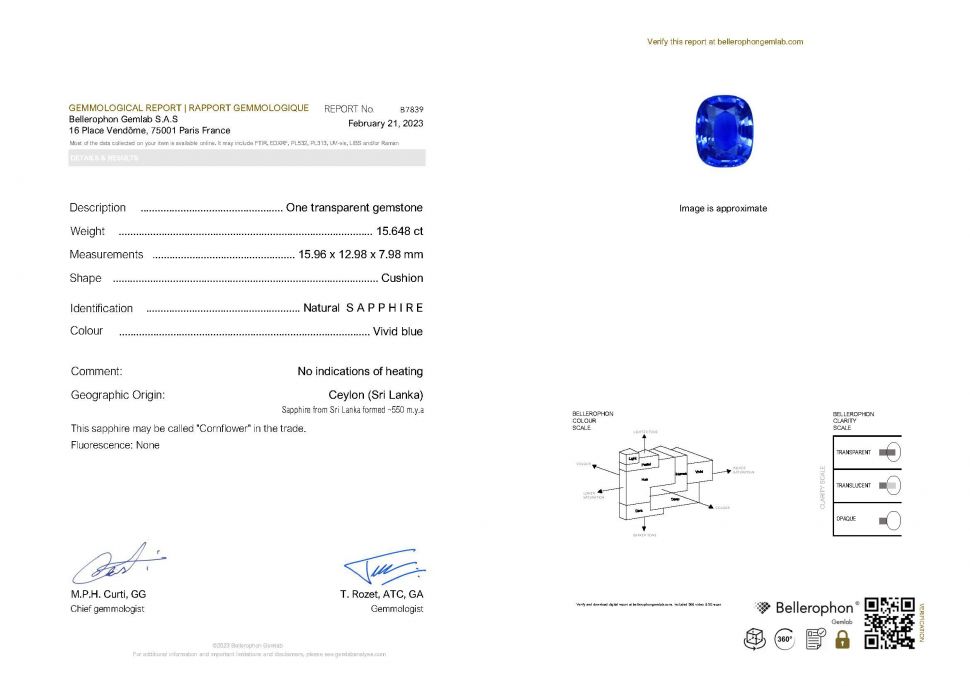 Certificate Unique unheated cornflower blue sapphire, 15.65 ct, Sri Lanka