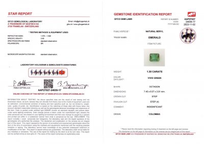 Certificate Émeraude vert vif de Colombie, taille octogonale 1,30 carats