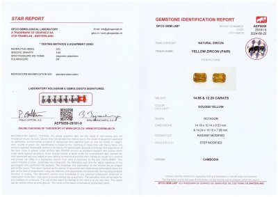 Certificate Grande paire de zircons jaunes taille radiant 26,86 carats, Cambodge