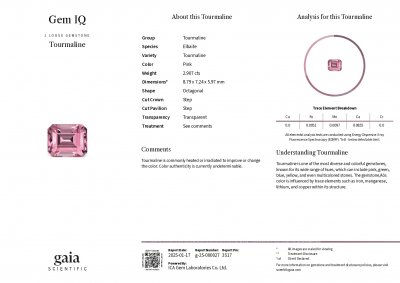 Certificate Turmalina rosa bebé de talla octogonal de 2,91 quilates, Afganistán