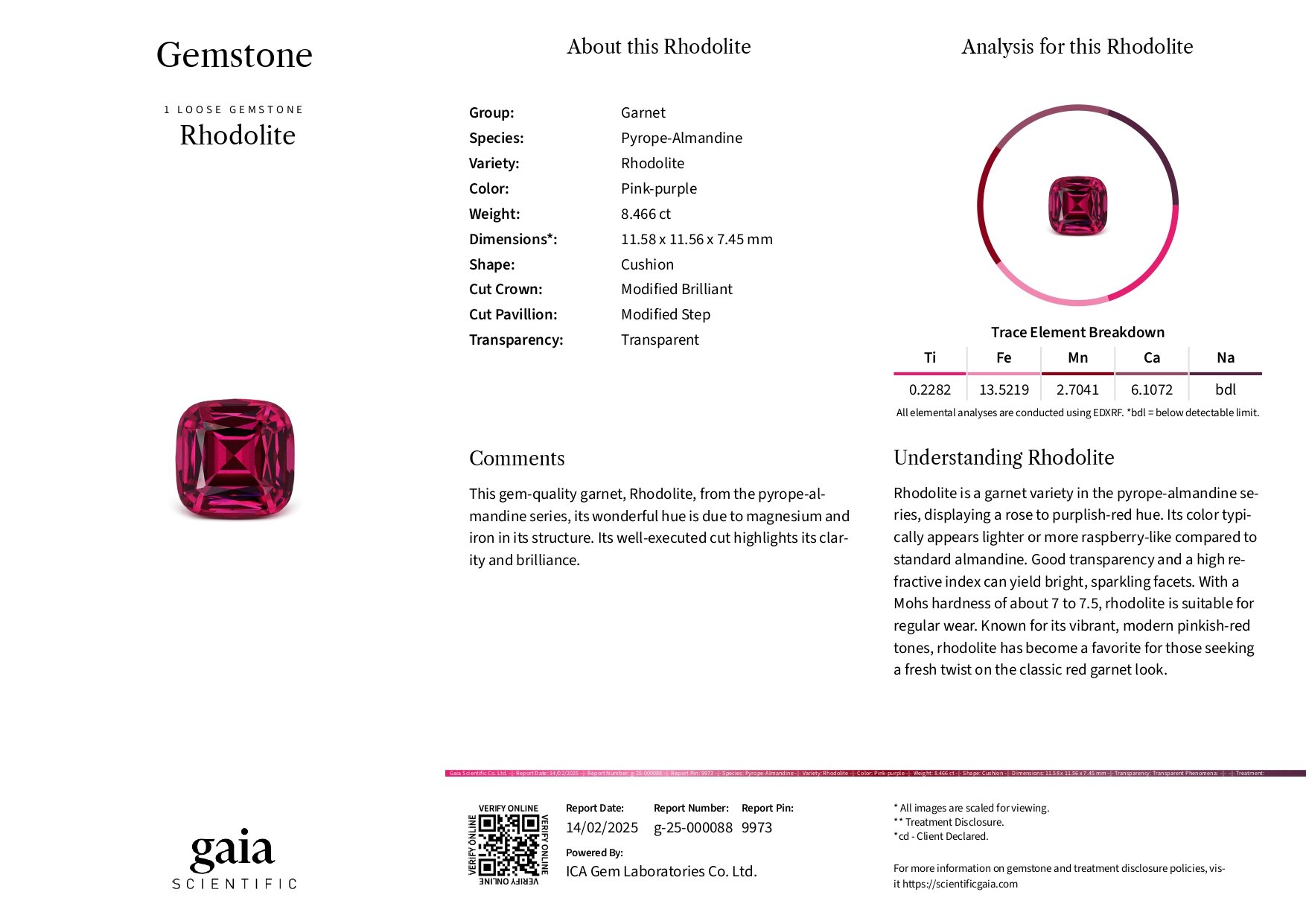 Granate rodolita de talla cojín de 8,46 carats, de Tanzania Image №6