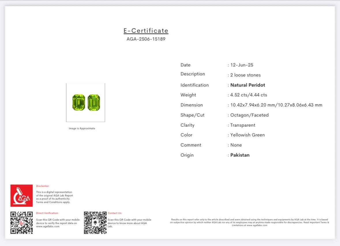 Par de peridotos amarillo-verdes de talla octogonal de 8,96 carats, Pakistán  Image №5