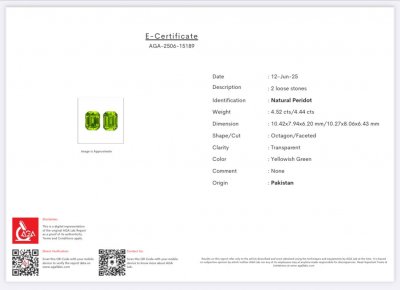 Certificate Par de peridotos amarillo-verdes de talla octogonal de 8,96 carats, Pakistán 