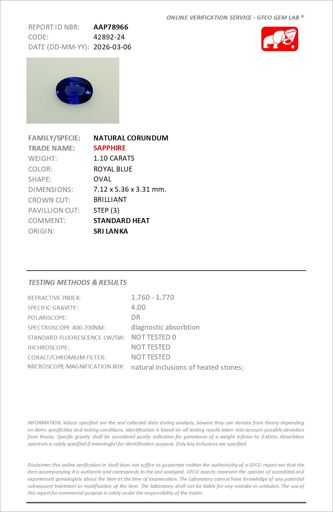 Sapphire Royal Blue oval cut  1.10 carats, Sri Lanka Image №6