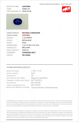 Certificate Sapphire Royal Blue oval cut  1.10 carats, Sri Lanka