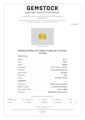 Certificate Saphir de couleur dorée non traité, taille radiant, 10,20 carats, Sri Lanka