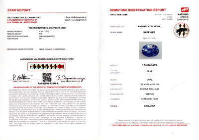 Certificate Blauer saphir im ovalen schliff 1,53 karat, Sri Lanka