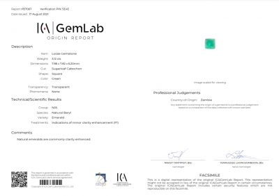 Certificate Emerald, sugarloaf, 3.12 ct, Zambia, ICA