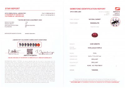 Certificate Vivid purple oval cut umbalite garnet 2.59 ct, Tanzania