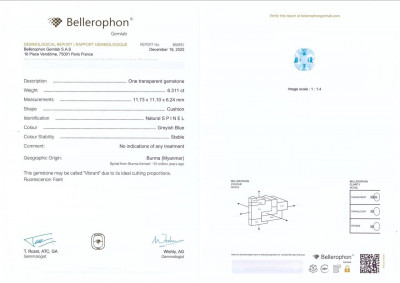 Certificate Espinela de talla cojín de 6,31 quilates, Birmania