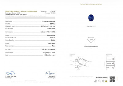 Certificate Saphir ovale bleu intense 3,84 carats, Sri Lanka