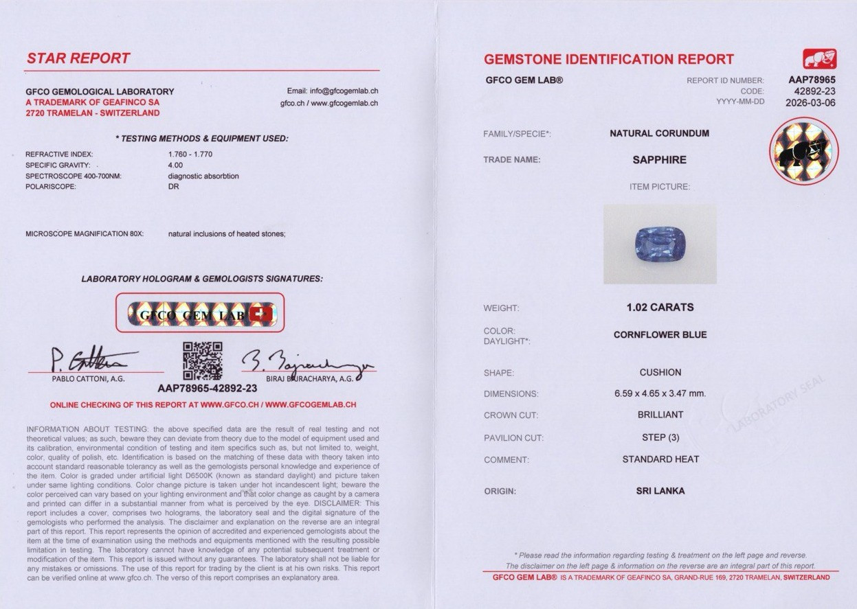 Sapphire Cornflower Blue cushion cut 1.02 carats, Sri Lanka Image №6