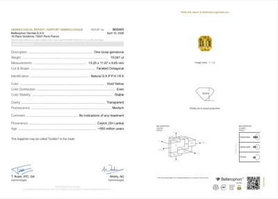 Certificate Unheated Golden color sapphire 15.04 carats in octagon cut, Sri Lanka