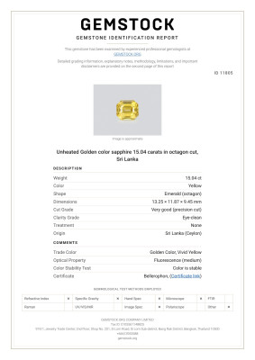 Certificate Unheated Golden color sapphire 15.04 carats in octagon cut, Sri Lanka