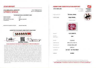 Certificate Rosa spinell im cushion-schliff 1,03 karat, Burma