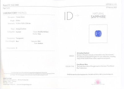 Certificate Sapphire Cornflower Blue cushion cut 9.18 carats, Sri Lanka