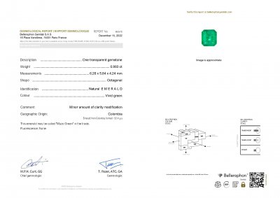 Certificate Intense emerald Muzo Green 0.99 ct, Colombia