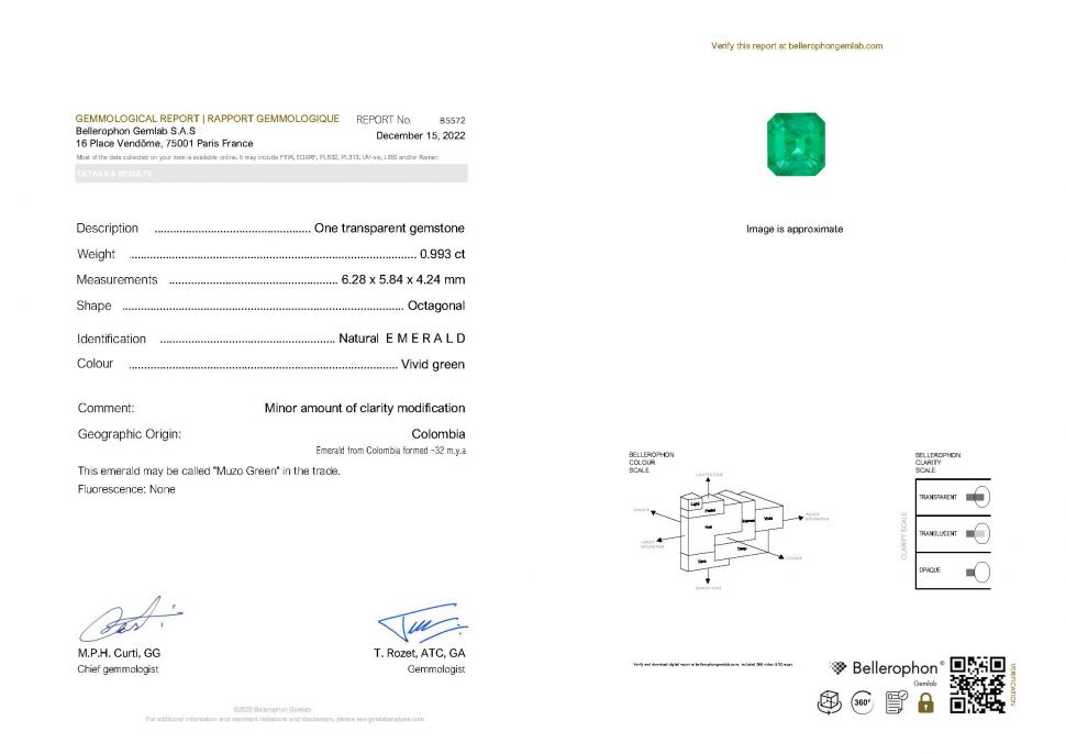 Certificate Bright rich Colombian emerald 0.99 ct, Muzo Green