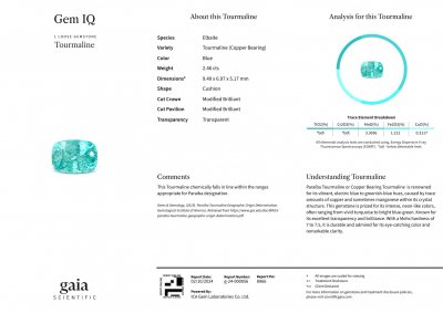 Certificate Tourmaline Paraiba taille coussin bleu fluo 2,46 carats, Mozambique 