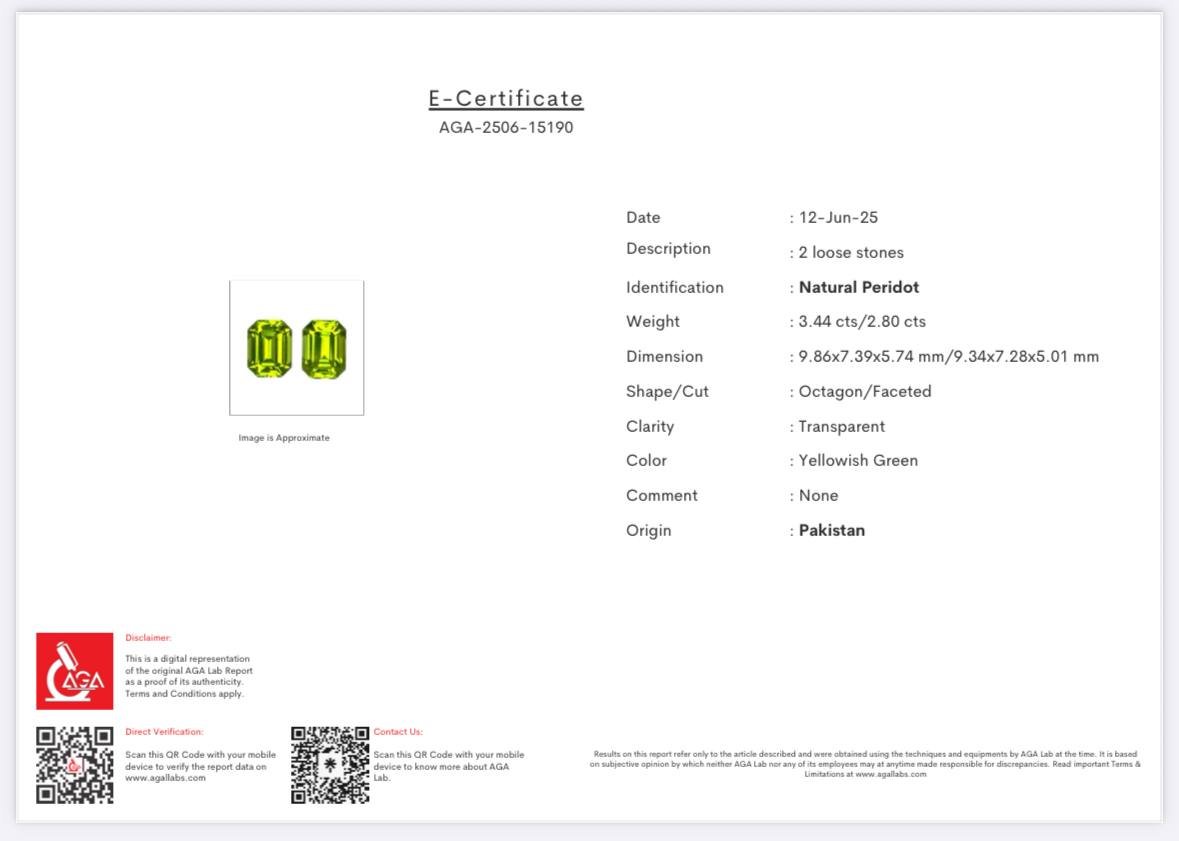 Par de peridotos amarillo-verdes de corte octogonal de 6,24 ct, Pakistán  Image №5