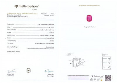 Certificate Saphir rose foncé taille coussin non chauffé de 4,11 carats, Mozambique