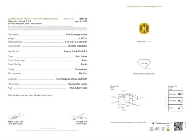Certificate Unbehandelter Saphir Golden Yellow  oktagon-schliff 4,54 karat, Sri Lanka