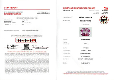Certificate Unheated pink sapphire radiant cut 1.55 carats, Madagascar