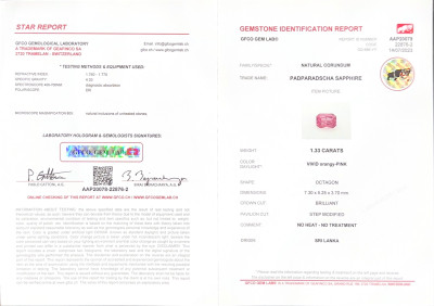 Certificate Unheated Padparadscha sapphire radiant cut 1.33 carats, Sri Lanka