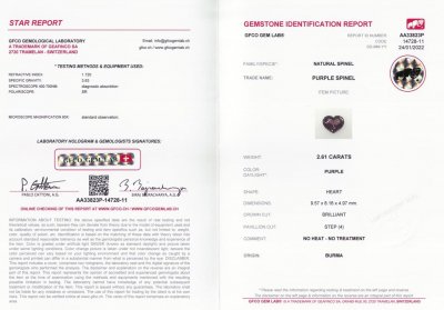 Certificate Intense purple spinel 2.61 ct, Burma