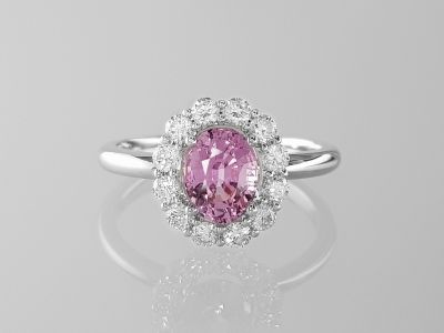 Ring with natural pink sapphire 1.35 ct and diamonds in 18K white gold photo