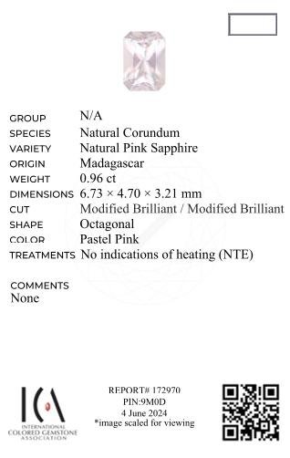 Saphir rose non raffiné (Baby Pink) taille radiant 0,96 carat, Madagascar Image №6