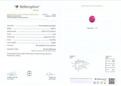 Certificate Espinela rosa intenso Mahenge de talla ovalada de 3,67 quilates, Tanzania  