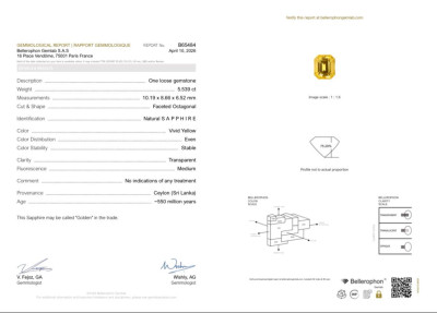Certificate Saphir Golden Yellow non chauffé taille octogonale 5,54 carats, Sri Lanka