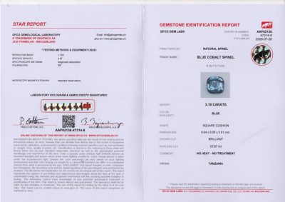 Certificate Kobalt spinell im kissenschliff 3,19 karats, Tansania