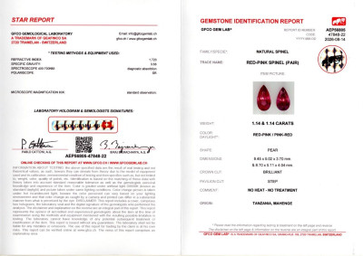 Certificate Paar rot-rosa spinell Mahenge im birnenschliff 2,28 karat, Tansania