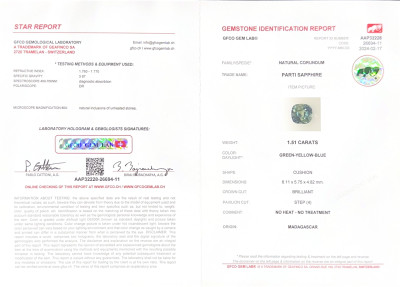 Certificate Saphir non chauffé polychrome taille coussin 1,51 carat, Madagascar