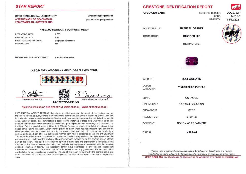 Certificate Octagon rhodolite garnet 2.43 ct, Malawi