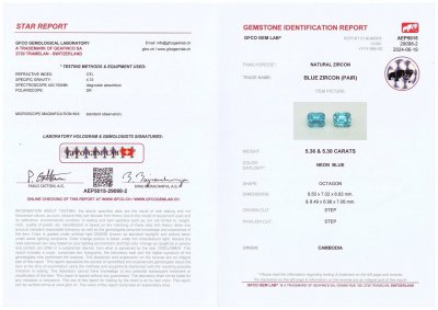 Certificate Paar tiefblaue Zirkone im Achteckschliff von 10,66 ct, Kambodscha