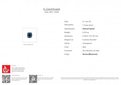 Certificate 5,55 ct blauer Spinell im Kissenschliff, Burma
