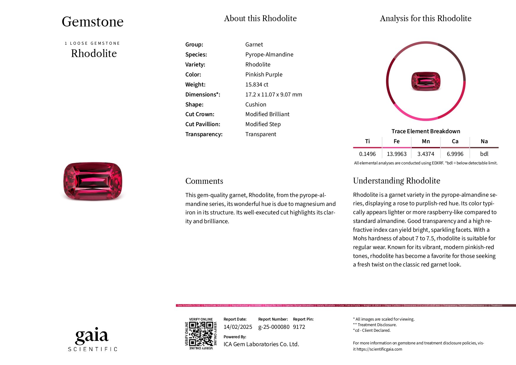 Granate rodolita de talla cojín de 15,84 carats, de Tanzania Image №6